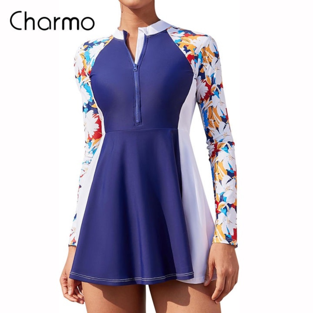 Charmo Women’s Navy Floral Long-Sleeve Swim Dress